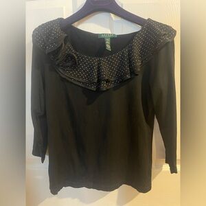 Lauren Ralph Lauren Black Ruffled Polka-Dot Trim Long Sleeve Top s/m